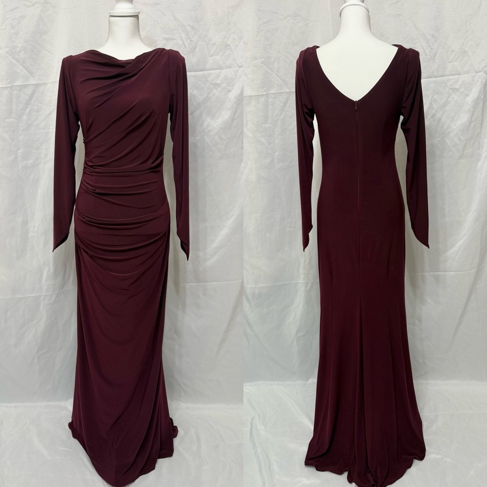 Betsy & Adam Burgundy Long Sleeve Gown